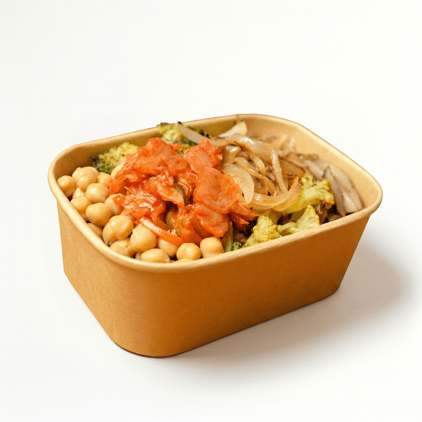 Roasted Mushroom, Chickpeas, Roasted Broccoli, Roasted Curry Cauliflower, Caramelized Onion, Kimchi