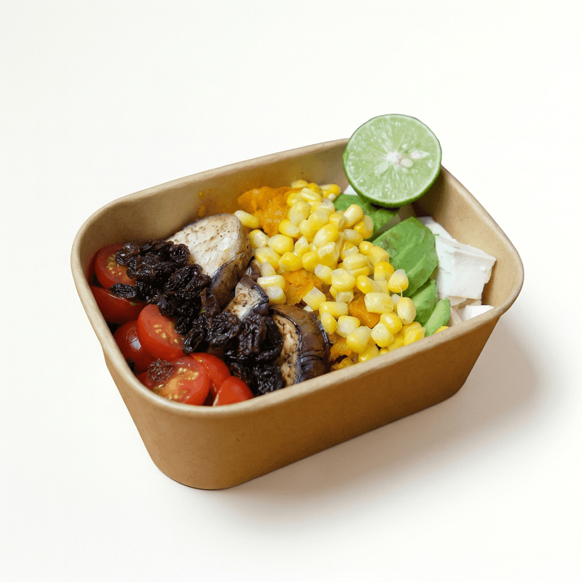 Tofu, Avocado, Roasted Eggplant, Roasted Pumpkin, Raisins, Cherry Tomatoes, Corn, Fresh Lime