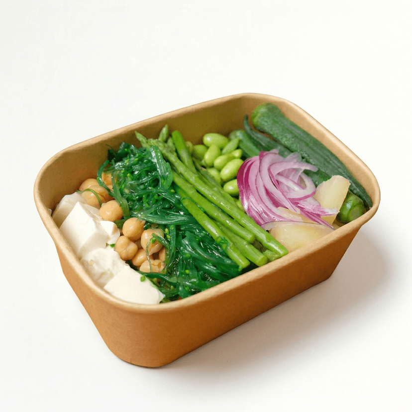 Tofu, Chickpeas, Asparagus, Okra, Edamame, Seaweed Salad, Pineapple, Purple Onion