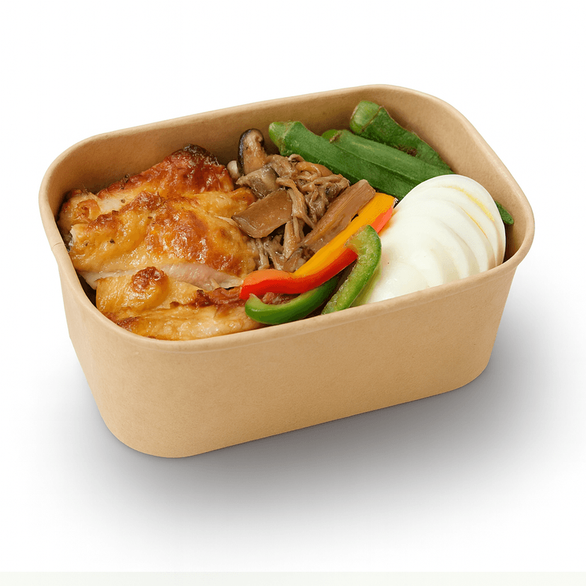 Grilled Chicken Thigh, Roasted Mushrooms, Boiled Egg, Okra, Scallion & Bell Peppers