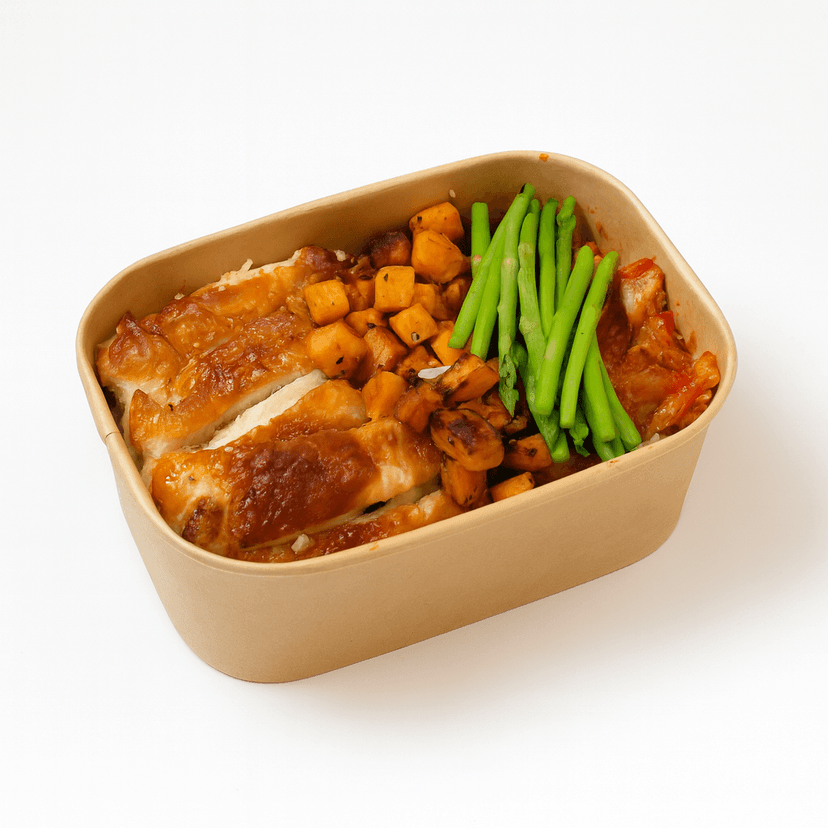 Grilled Chicken Thigh, Kimchi, Sweet Potatoes, & Asparagus